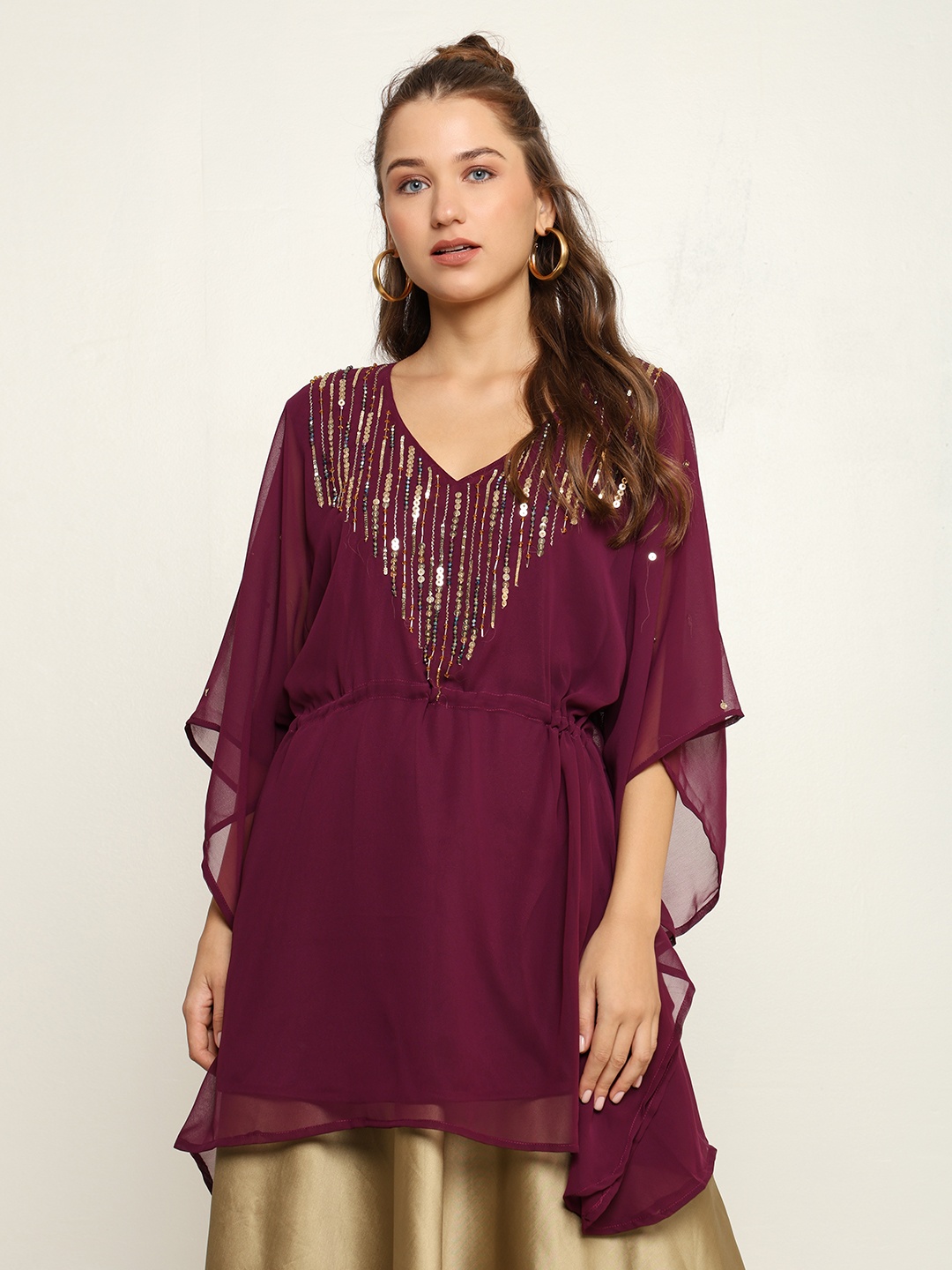 

CRAFTBAZAR Bling Collection Bead Embellished Georgette Kaftan Tunic, Burgundy