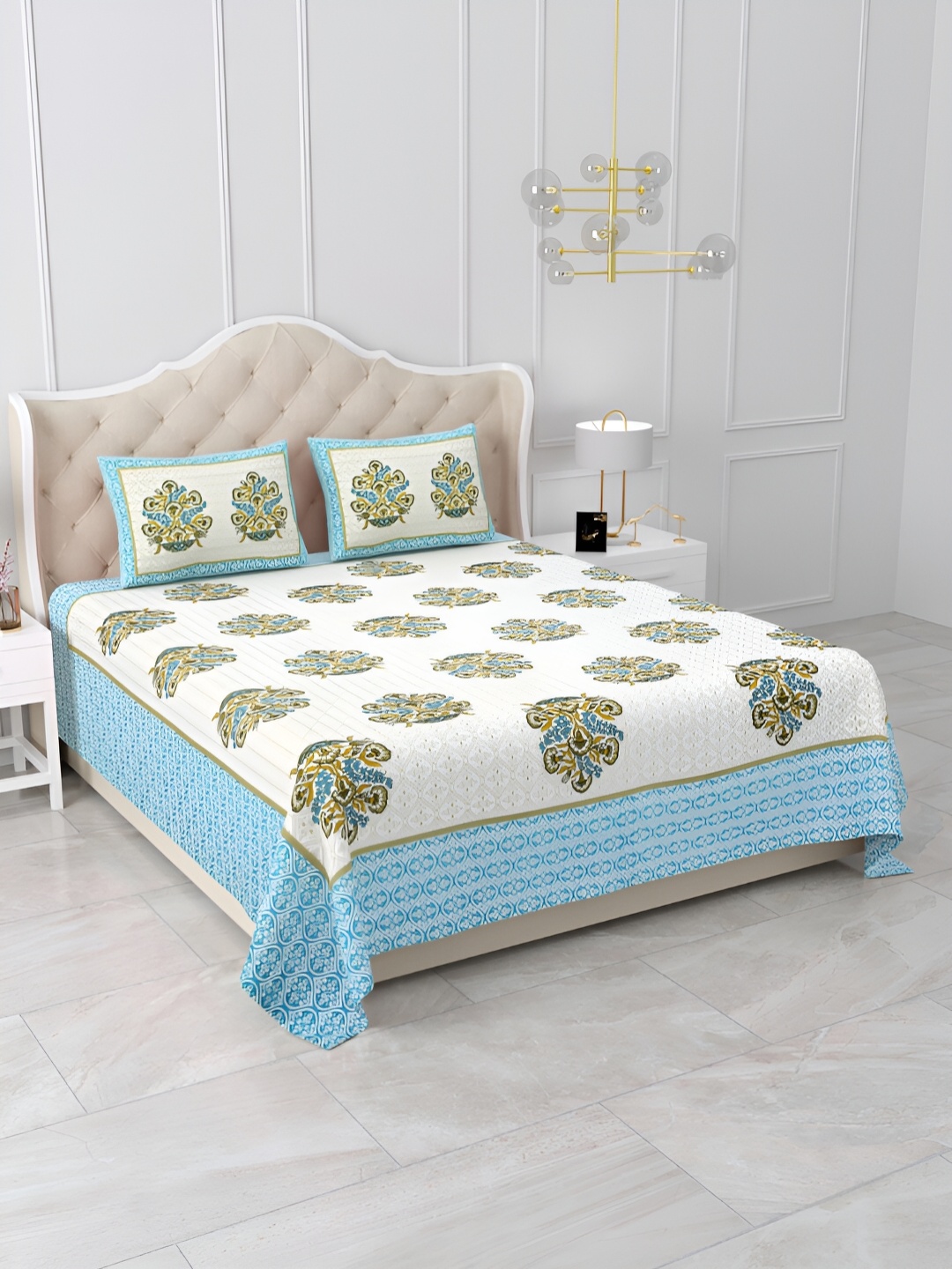 

Qfab White & Blue Floral 210 TC Cotton King Bedsheet with 2 Pillow Covers