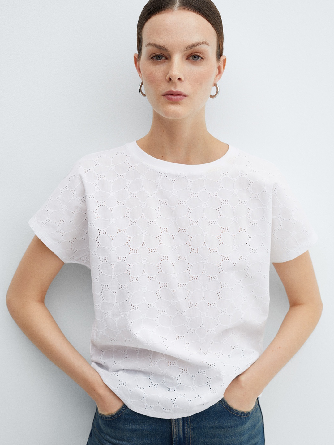 

MANGO Openwork Embroidered Pure Cotton T-shirt, White