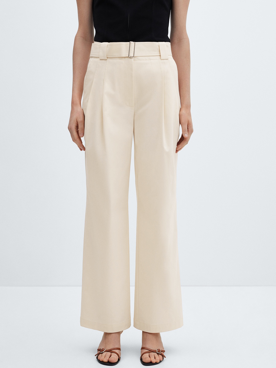 

MANGO Women Straight Fit Pleated Trousers with Belt, Beige