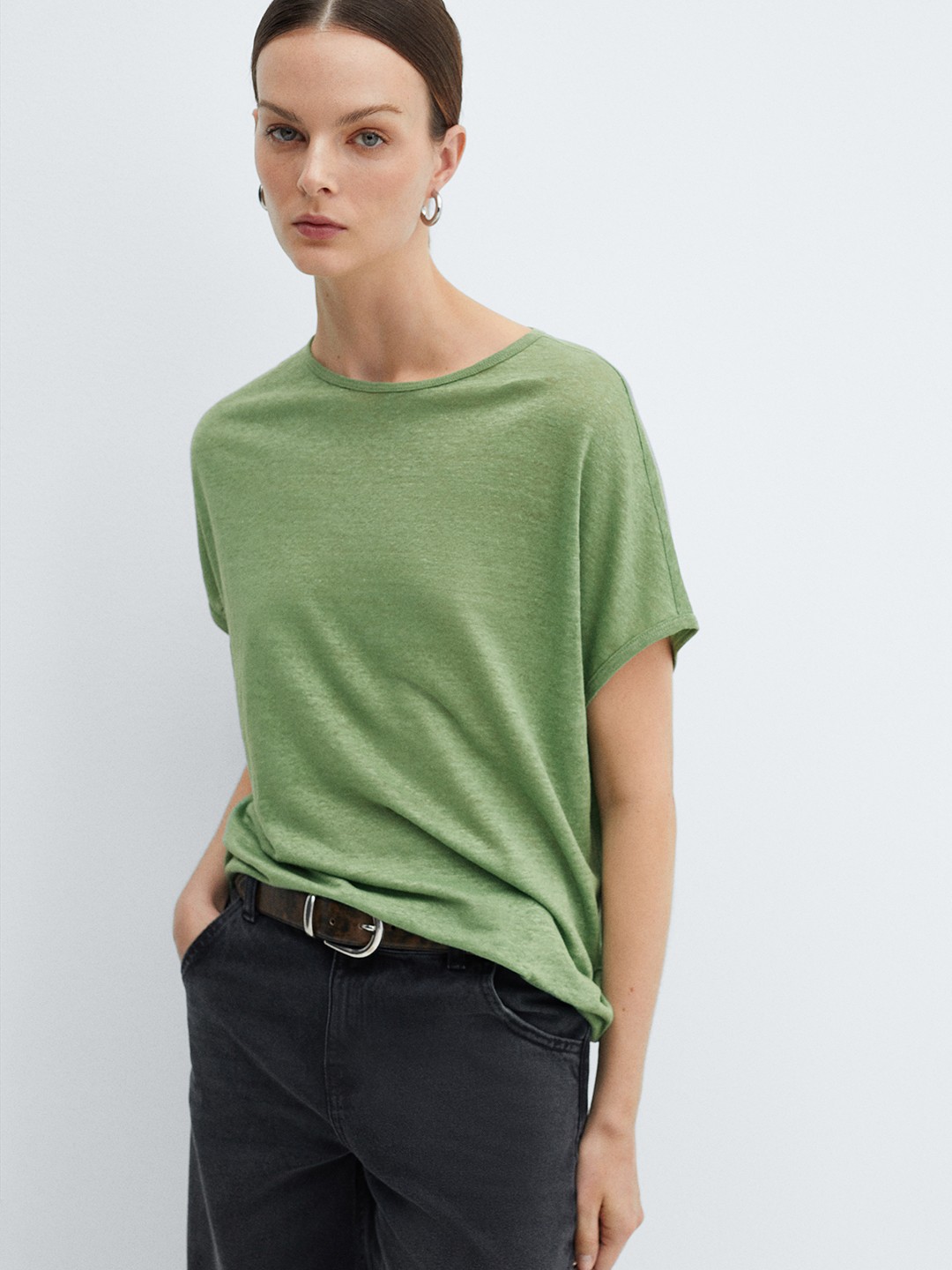 

MANGO Women Extended Sleeves Linen T-shirt, Green