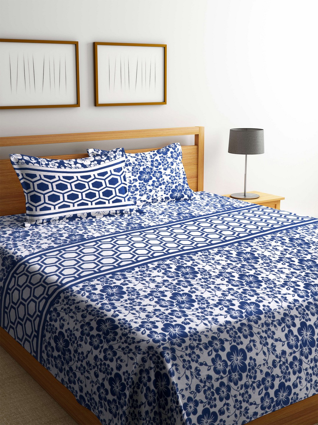 

Romee Blue & White Printed Polycotton Reversible Double Bed Cover with 2 Pillow Covers