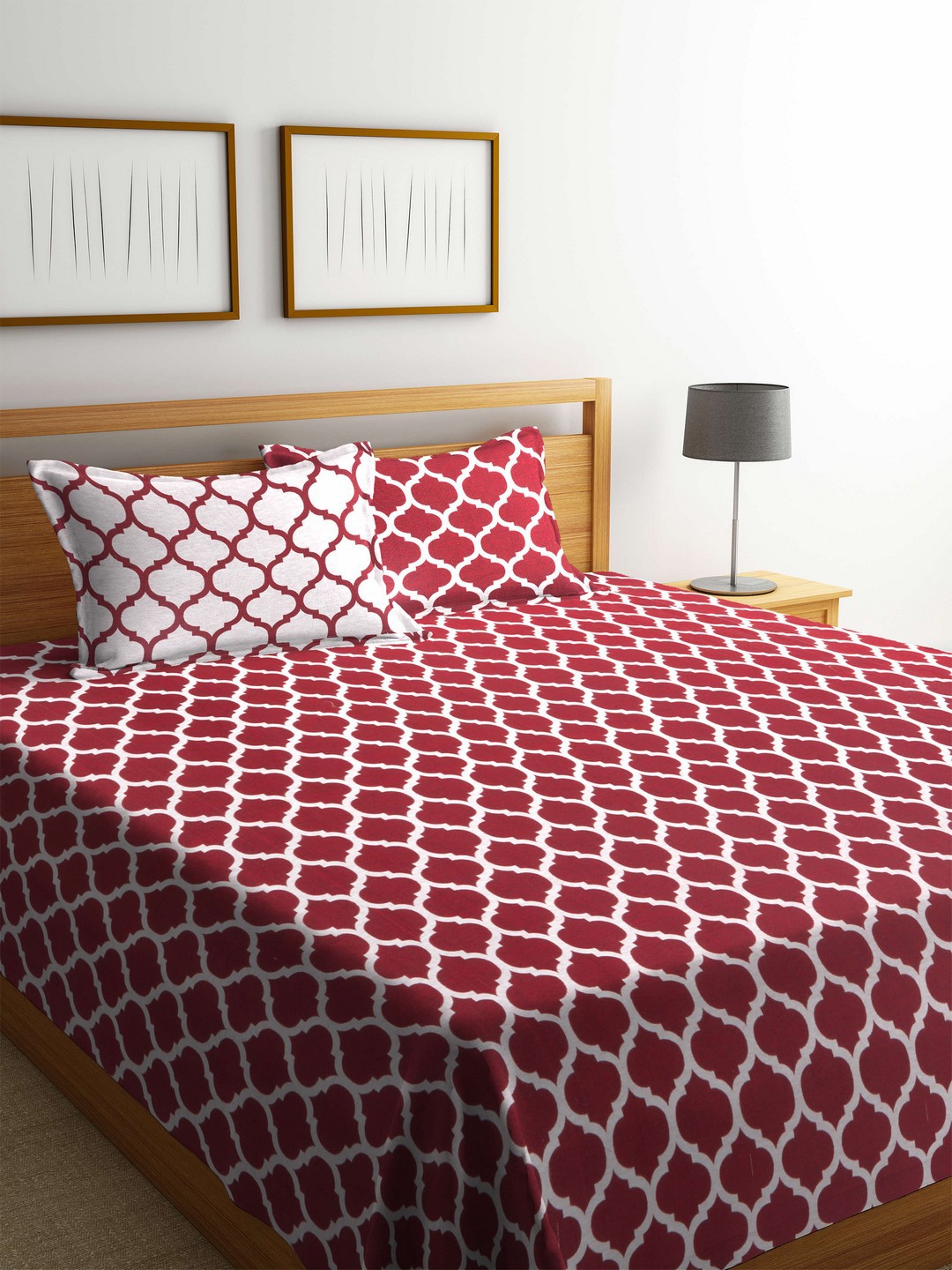 

Romee Red & White Printed Polycotton Reversible Double Bed Cover with 2 Pillow Covers