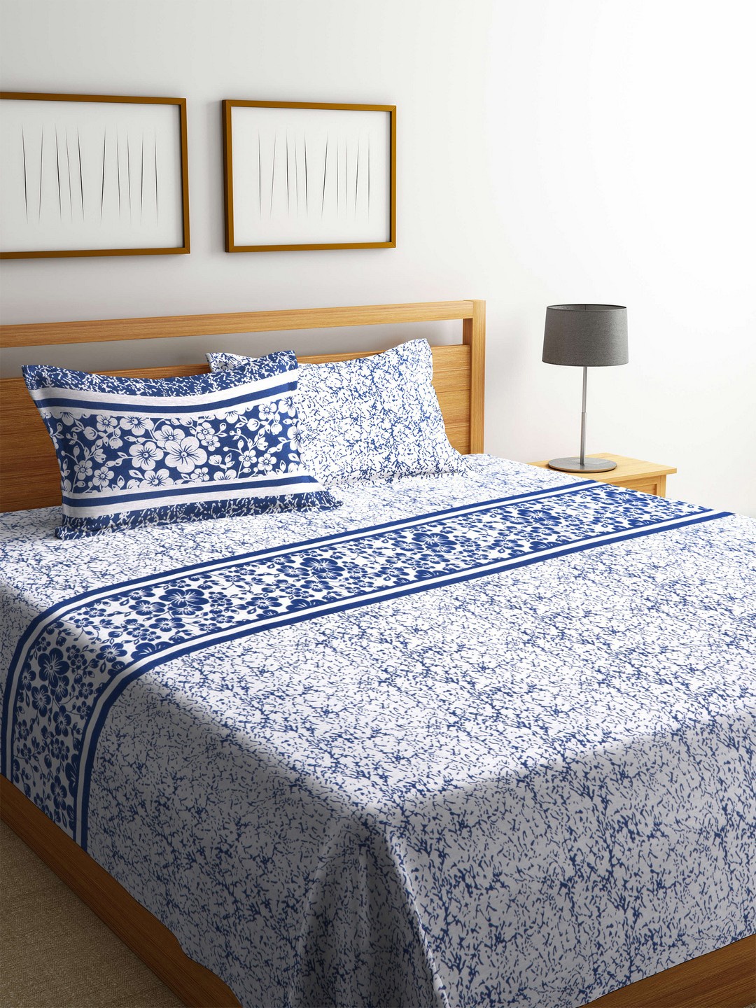 

Romee Blue & White Printed Polycotton Reversible Double Bed Cover with 2 Pillow Covers