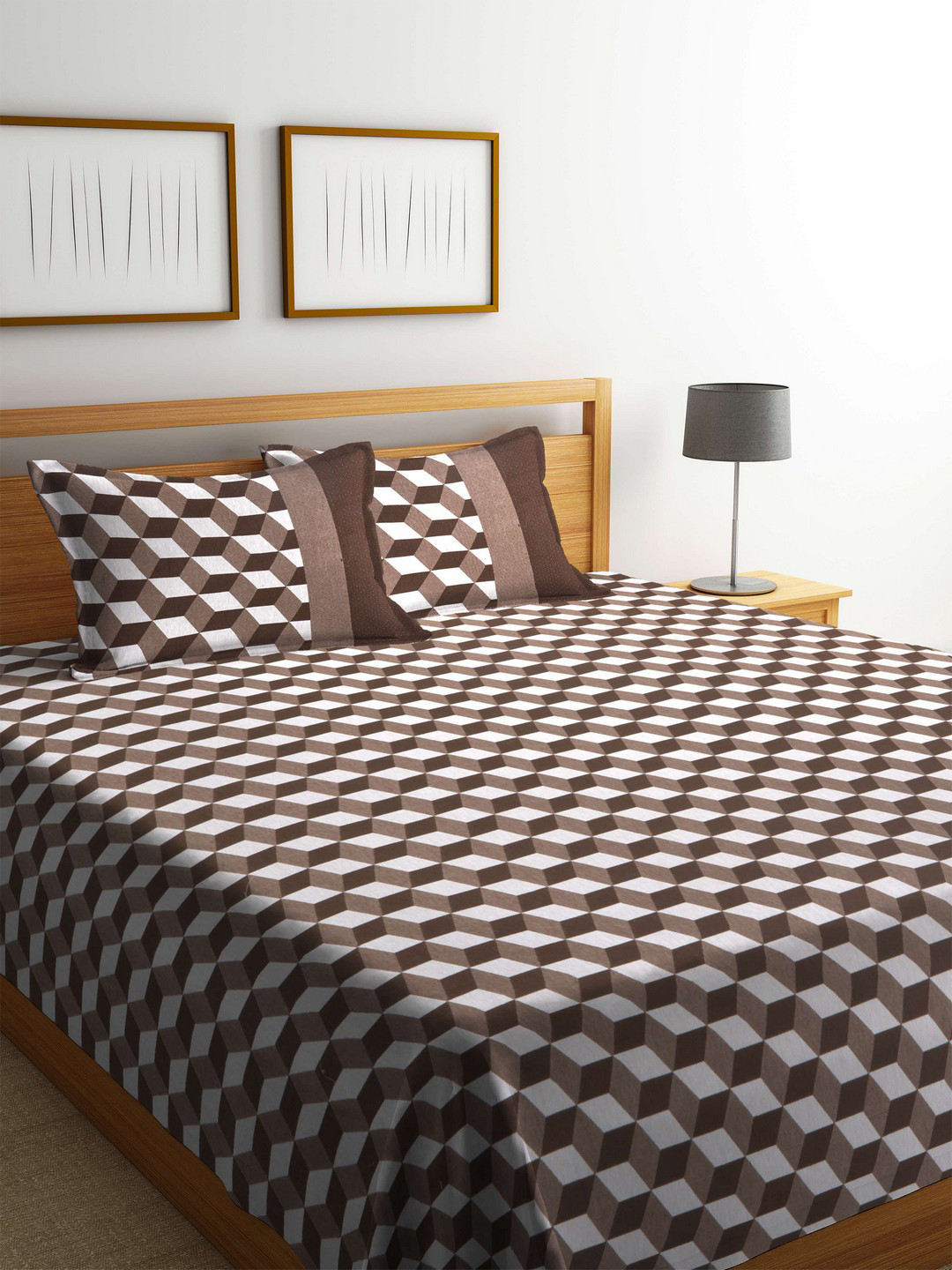 

Romee Brown & White Printed Polycotton Reversible Double Bed Cover with 2 Pillow Covers