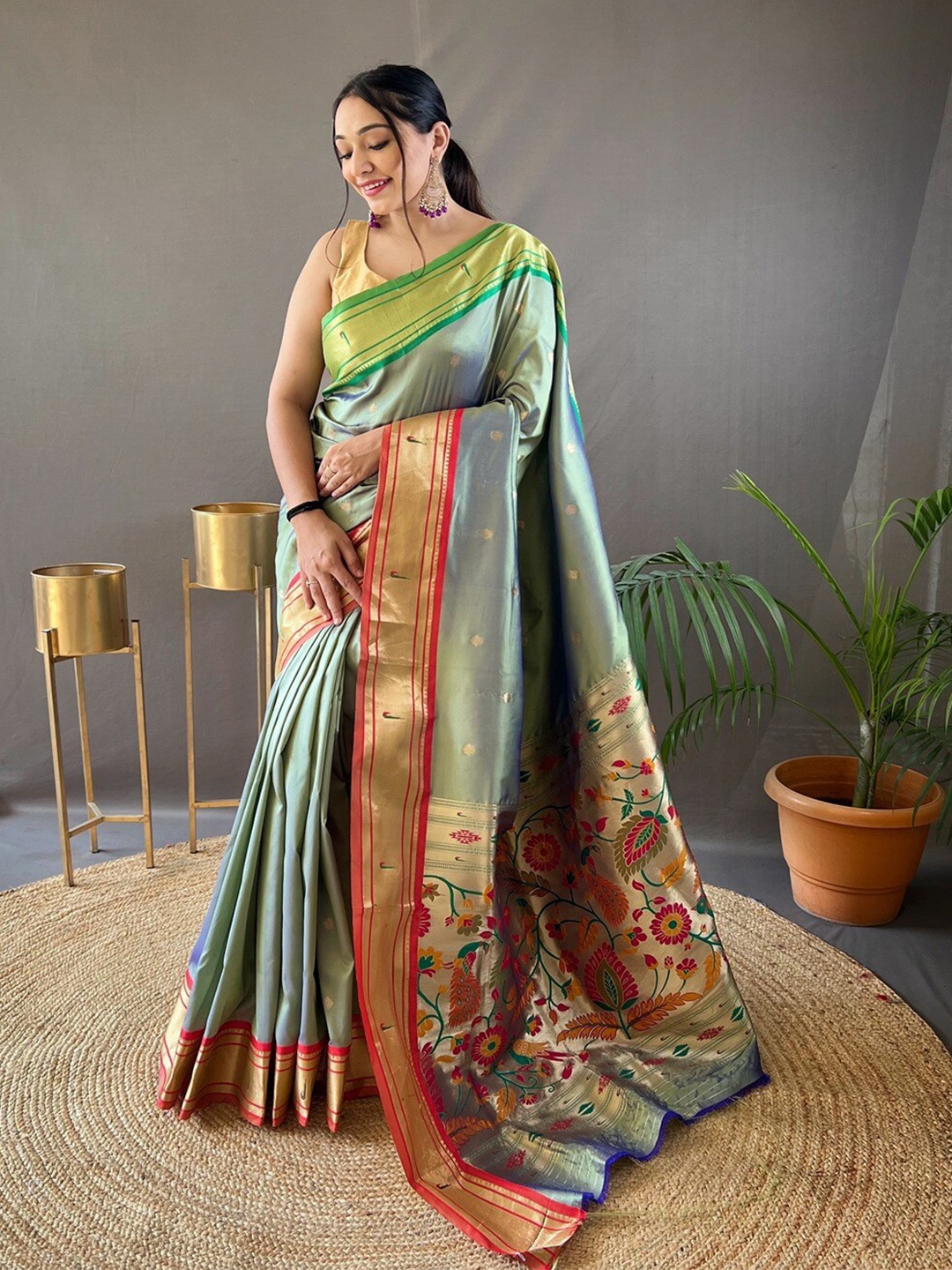 

SGF11 Woven Design Pure Zari Heavy Work Paithani Kanjeevaram Silk Saree, Green