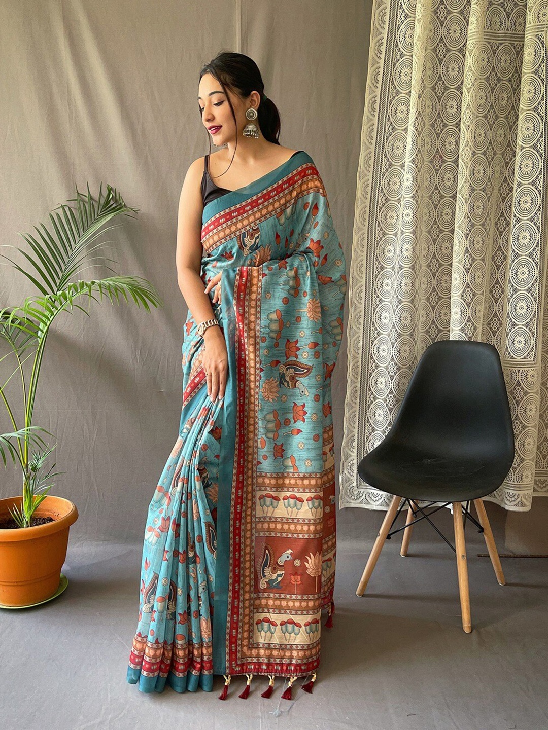 

SGF11 Kalamkari Printed Silk Cotton Chanderi Saree, Blue