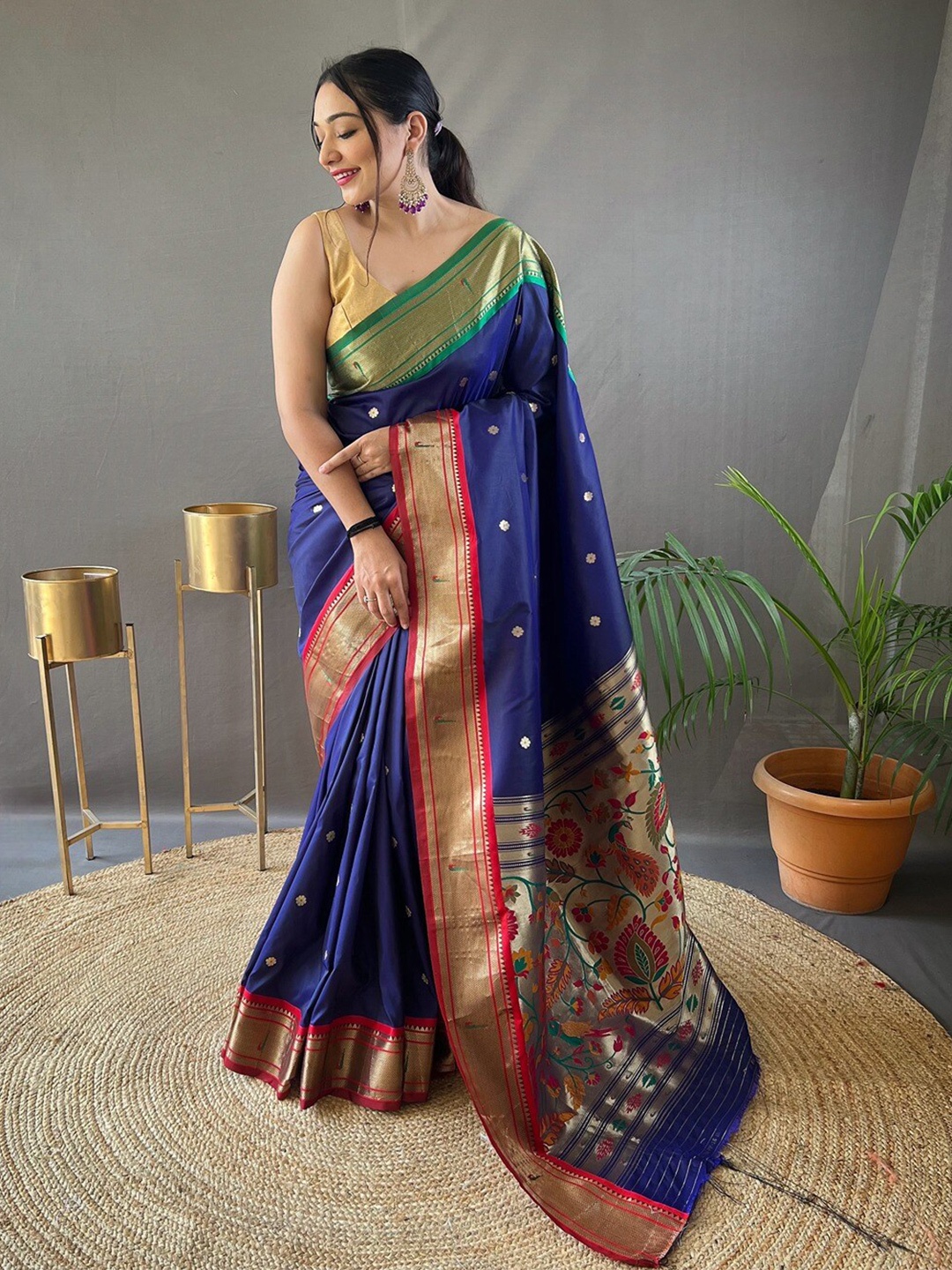 

SGF11 Woven Design Pure Zari Heavy Work Paithani Kanjeevaram Silk Saree, Blue