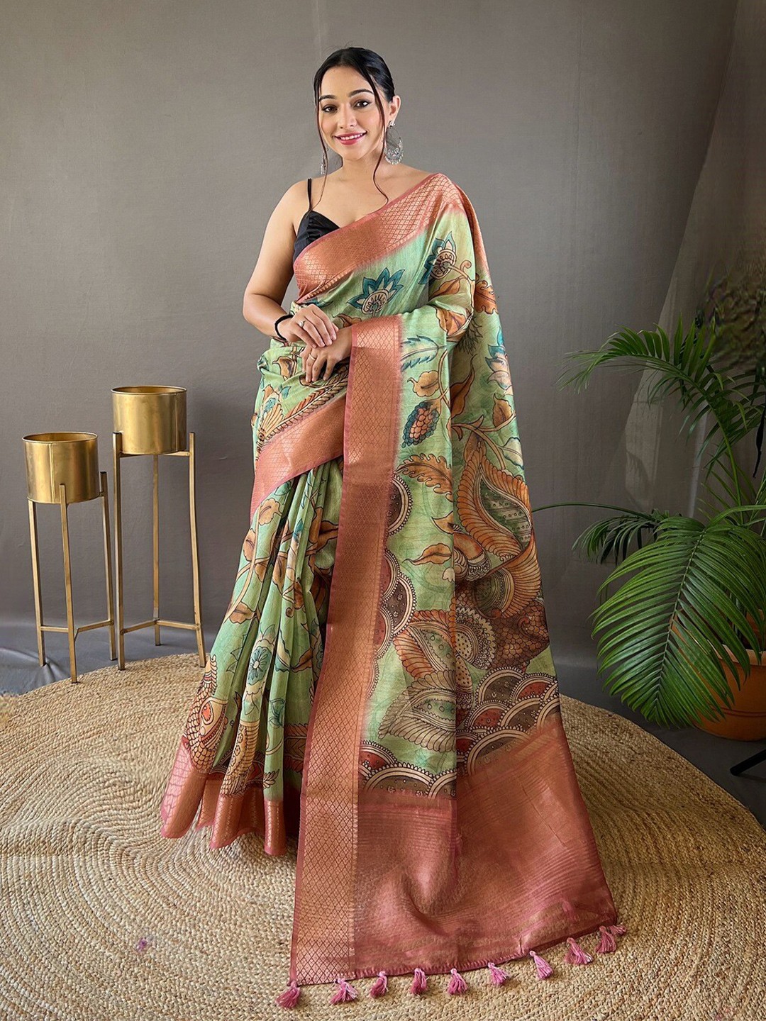 

SGF11 Kalamkari Printed Zari Silk Cotton Banarasi Saree, Green