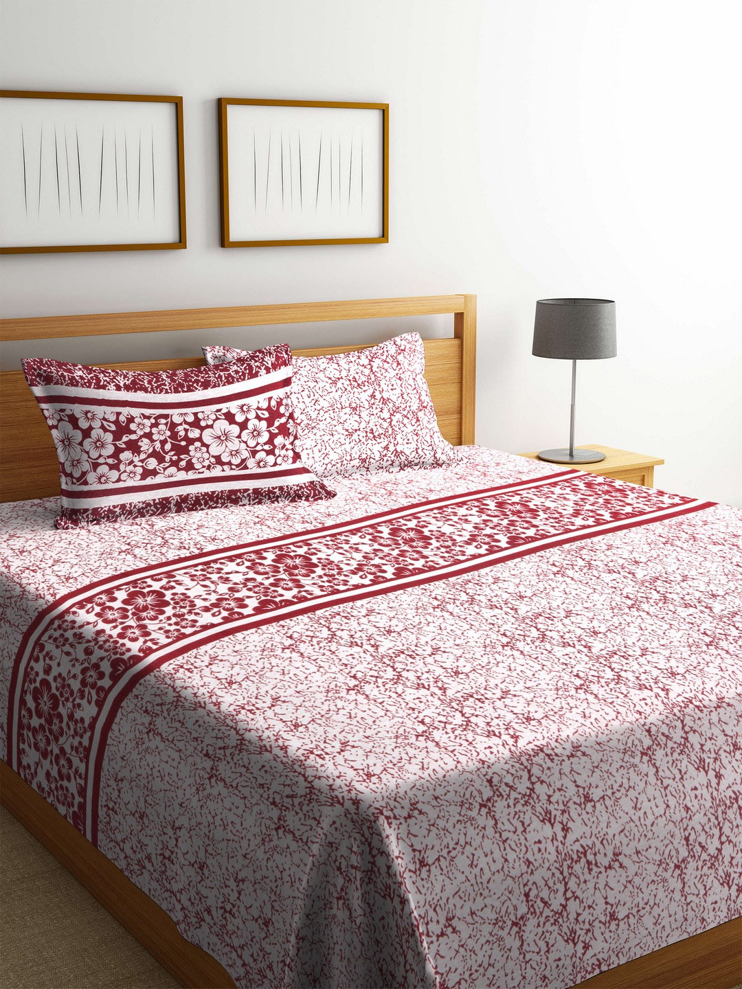 

Romee Red & White Printed Polycotton Reversible Double Bed Cover with 2 Pillow Covers