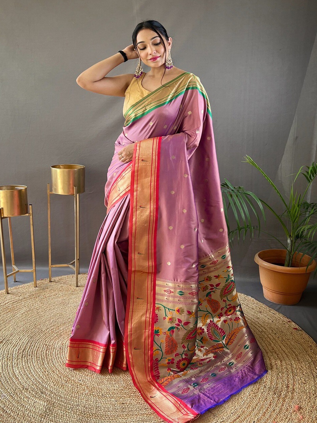 

SGF11 Woven Design Pure Zari Heavy Work Paithani Kanjeevaram Silk Saree, Peach