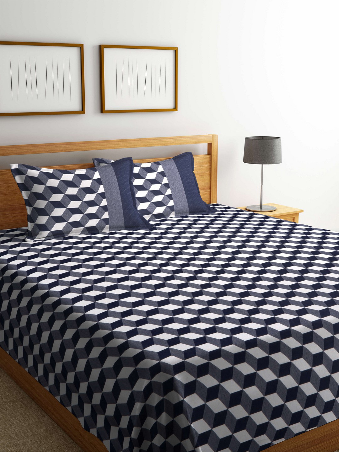 

Romee Blue & White Printed Polycotton Reversible Double Bed Cover with 2 Pillow Covers