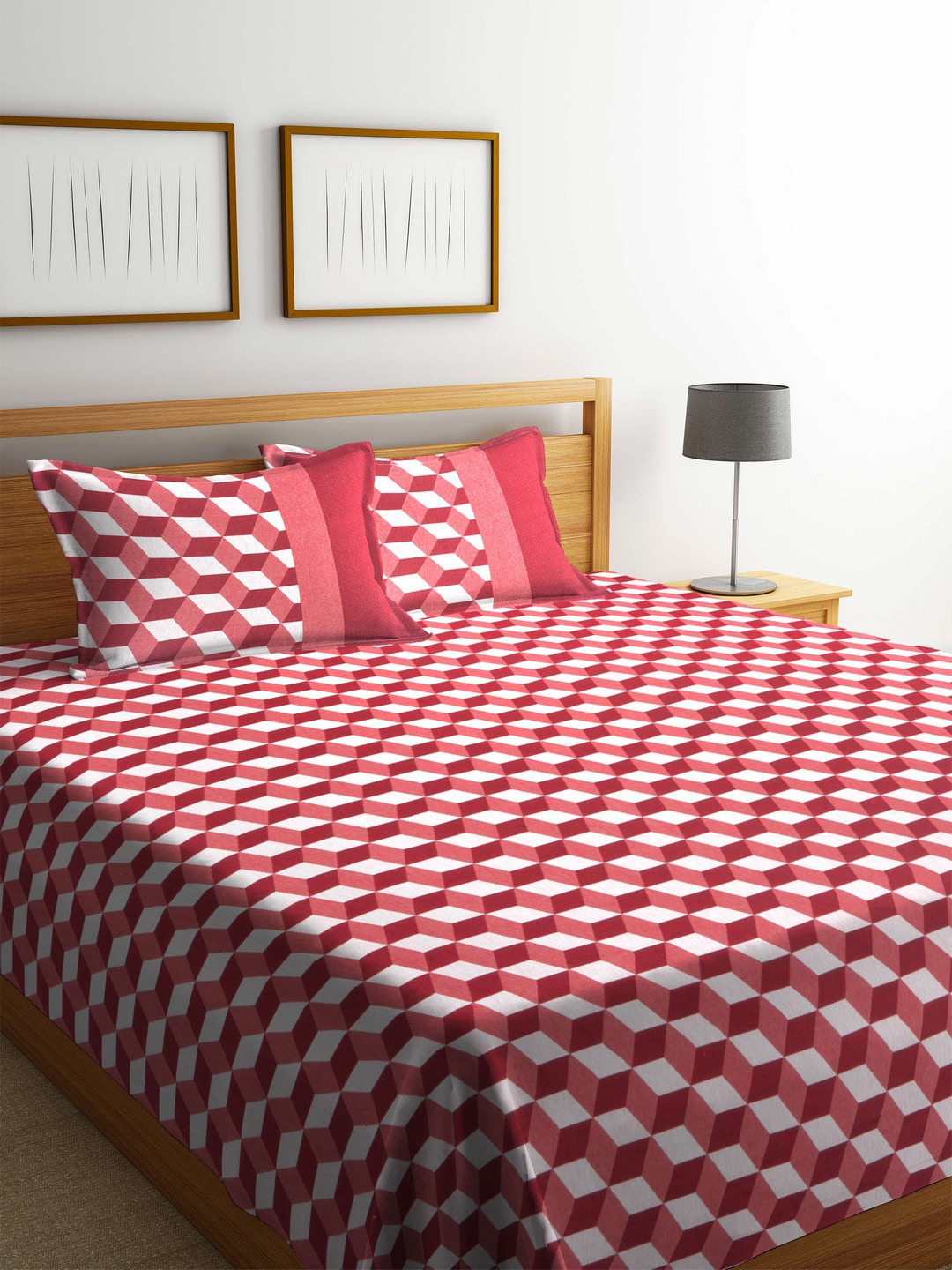 

Romee Red & White Printed Polycotton Reversible Double Bed Cover with 2 Pillow Covers