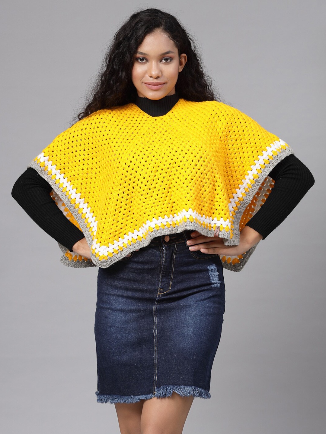 

Velvery Self Design V Neck Acrylic Crop Poncho, Yellow