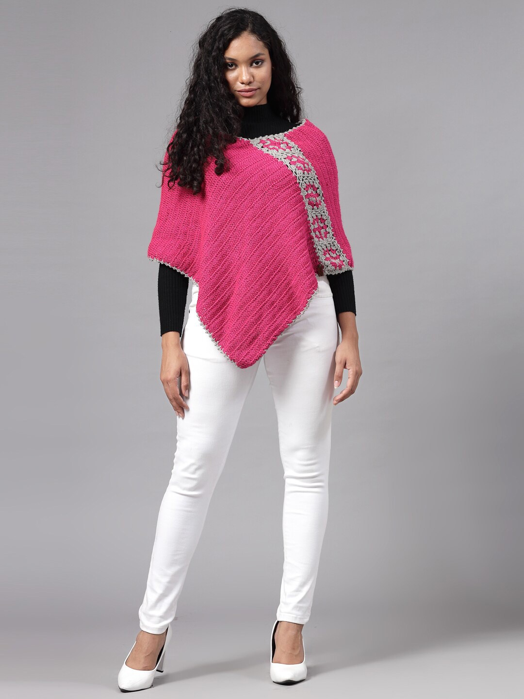 

Velvery Ribbed Acrylic Round Neck Poncho with Applique Detail Sweater, Purple