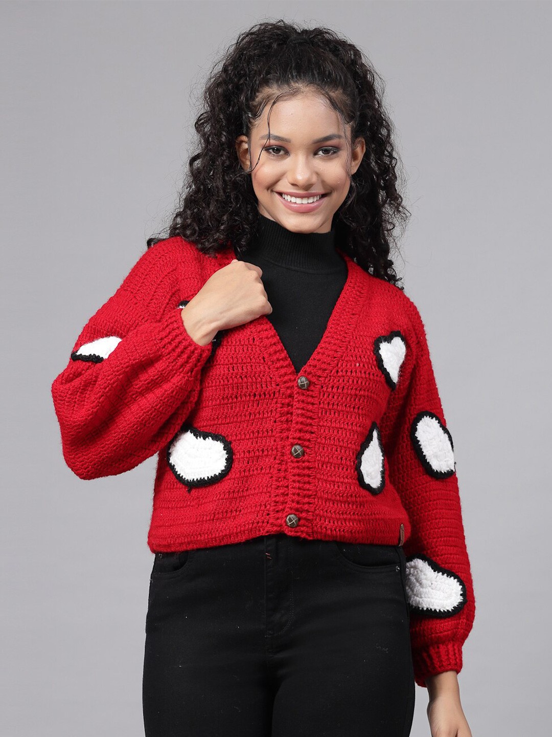 

Velvery Geometric Self Design V-Neck Cardigan with Embroidered Detail, Red