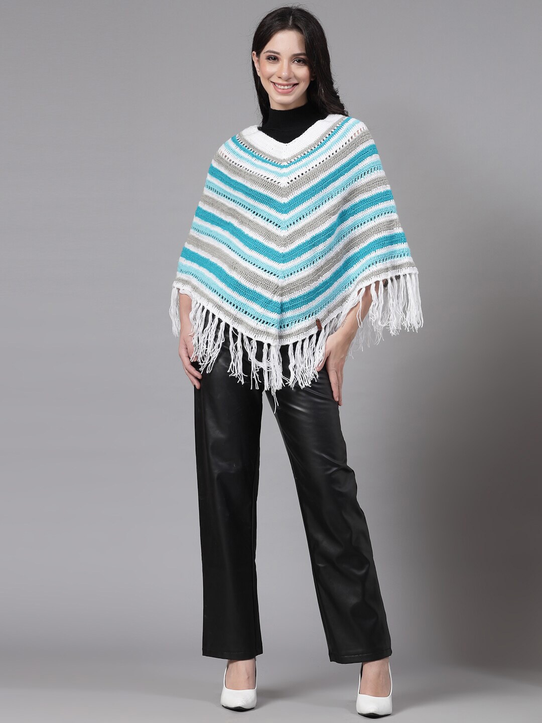 

Velvery Striped Acrylic V-Neck Poncho with Fringed Detail Sweater, Blue