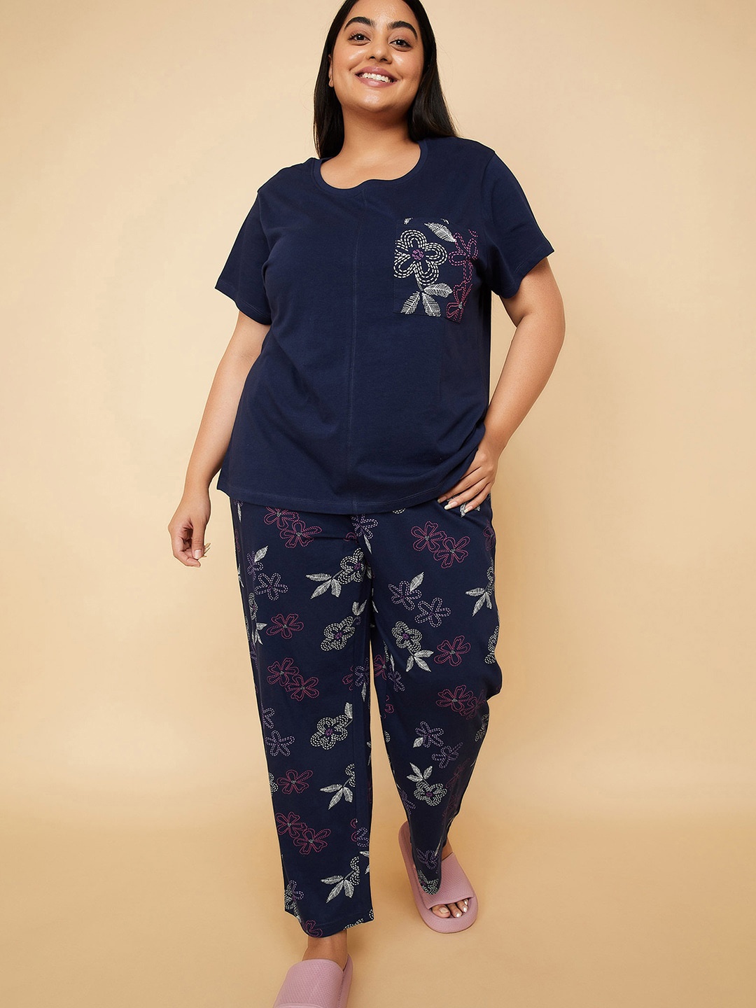 

max Plus Size Floral Printed Pure Cotton Night suit, Navy blue