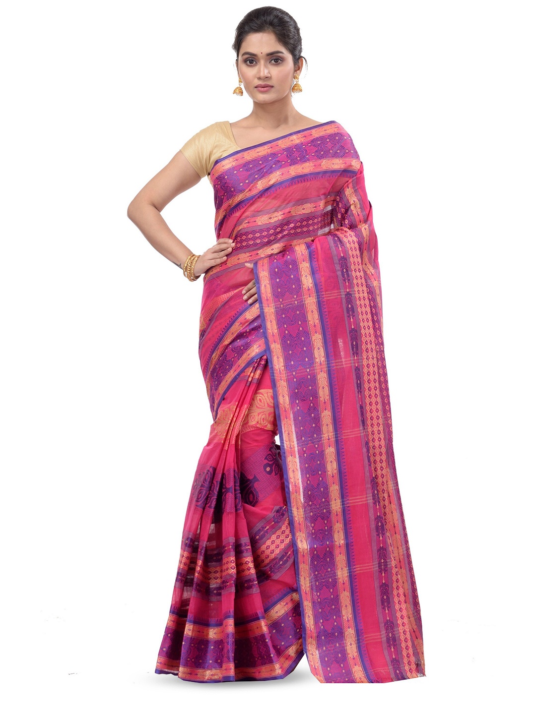 

DipDiya Floral Pure Cotton Taant Saree, Pink