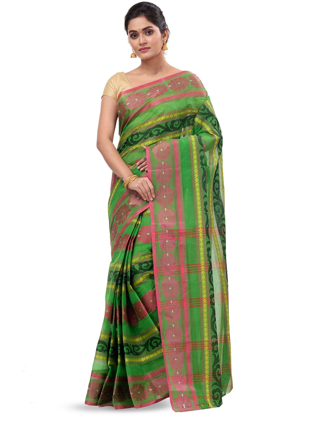 

DipDiya Floral Woven Design Pure Cotton Taant Saree, Green