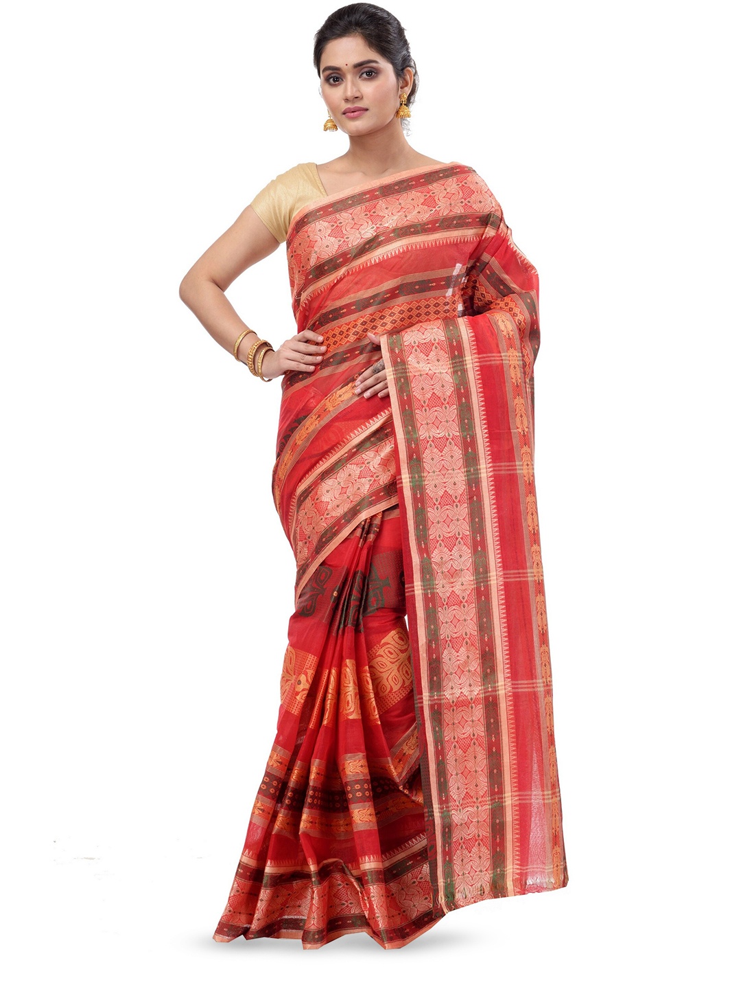 

DipDiya Ethnic Woven Design Pure Cotton Taant Saree, Red