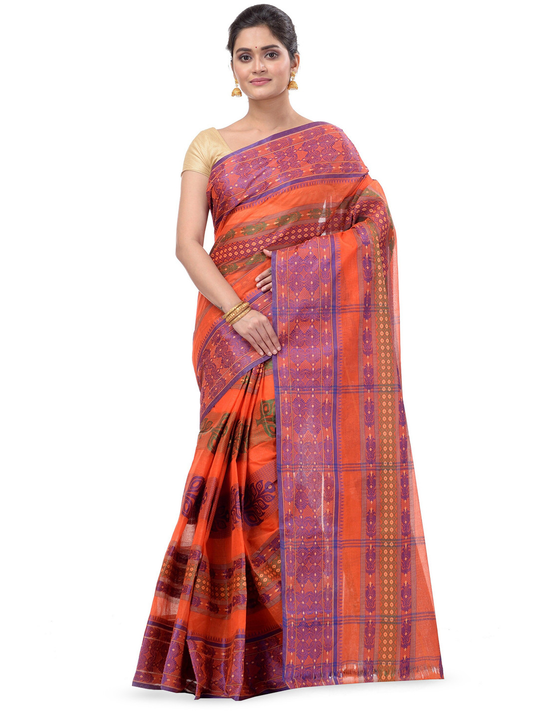

DipDiya Ethnic Motifs Woven Design Pure Cotton Taant Saree, Orange