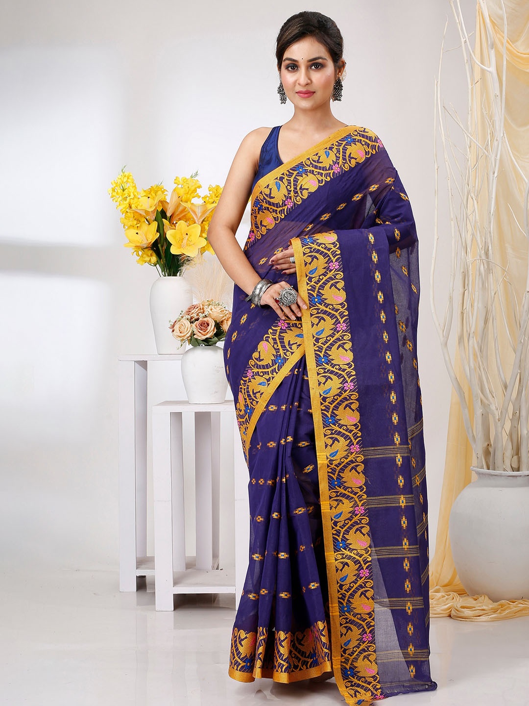 

DipDiya Floral Woven Design Pure Cotton Taant Saree, Blue