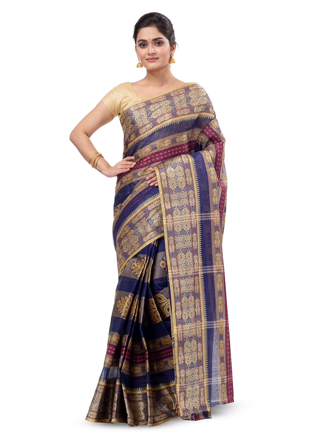 

DipDiya Ethnic Motif Woven Design Pure Cotton Taant Saree, Blue