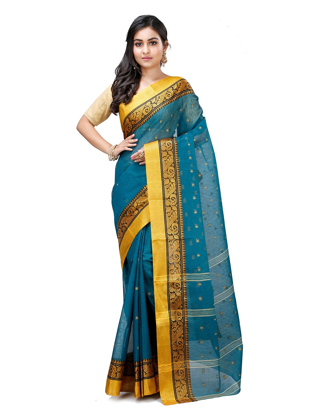 

DipDiya Ethnic Motifs Woven Design Zari Pure Cotton Taant Saree, Green