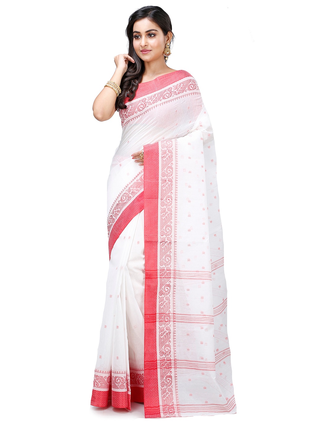 

DipDiya Floral Pure Cotton Taant Saree, White