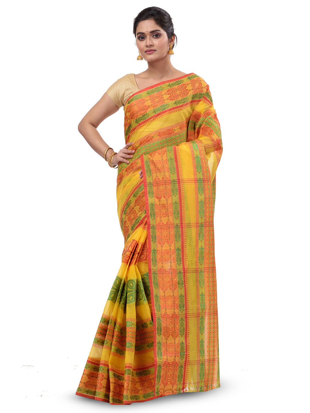

DipDiya Ethnic Motifs Woven Design Pure Cotton Taant Saree, Mustard