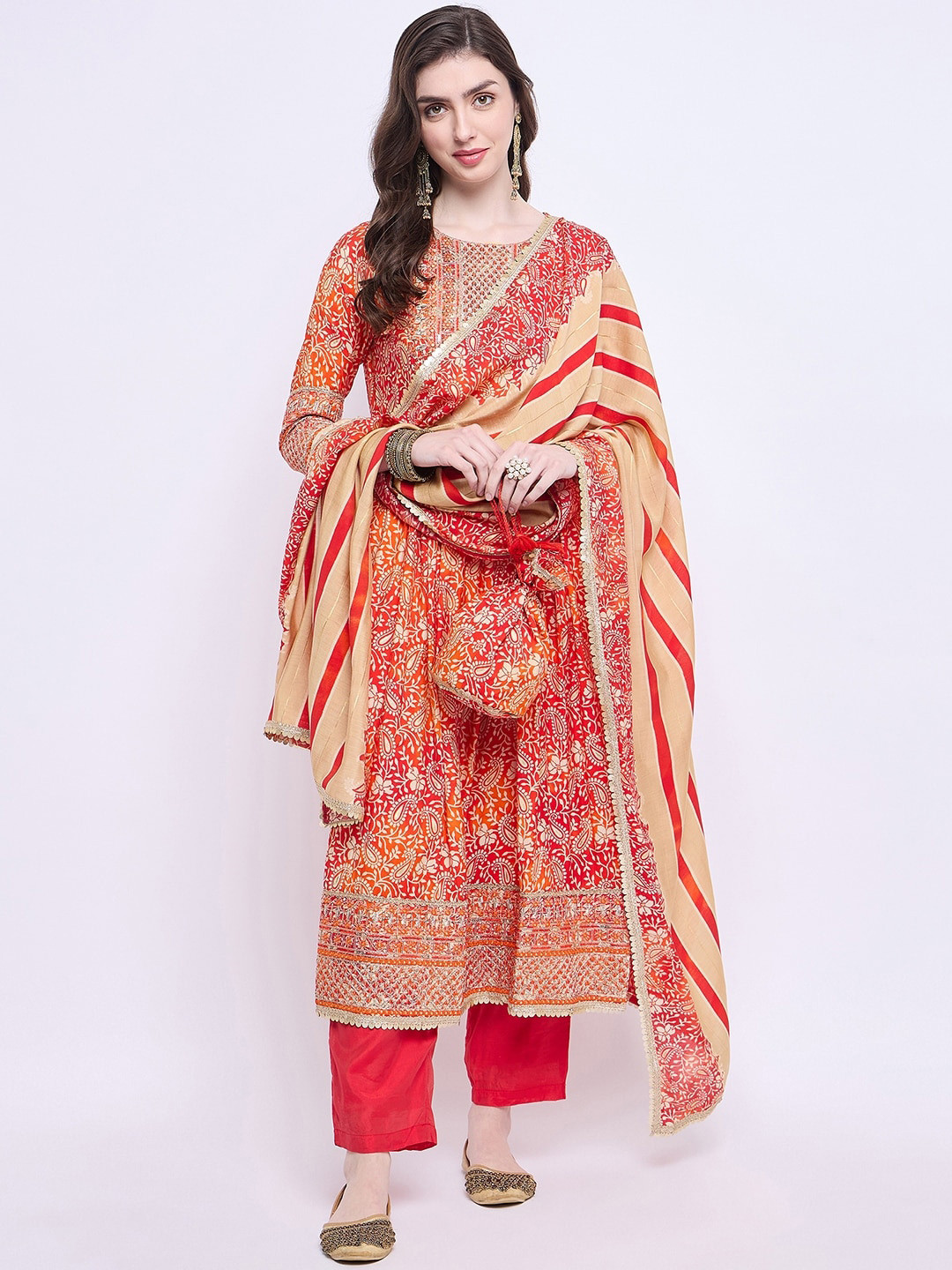 

Knitstudio Ethnic Motifs Embroidered Regular Kurta With Trousers & Dupatta, Red