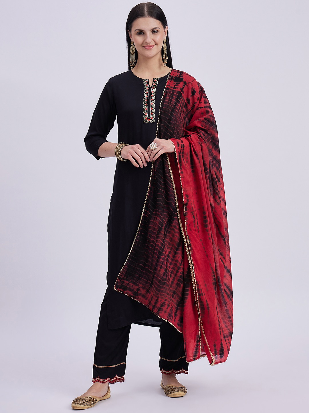 

Knitstudio Embroidered Regular Thread Work Kurta With Trousers & Dupatta, Black