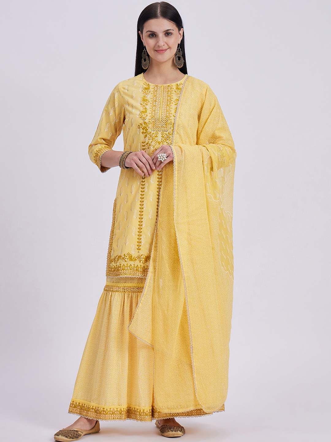 

Knitstudio Ethnic Motifs Embroidered Regular Mirror Work Kurta With Sharara & Dupatta, Yellow