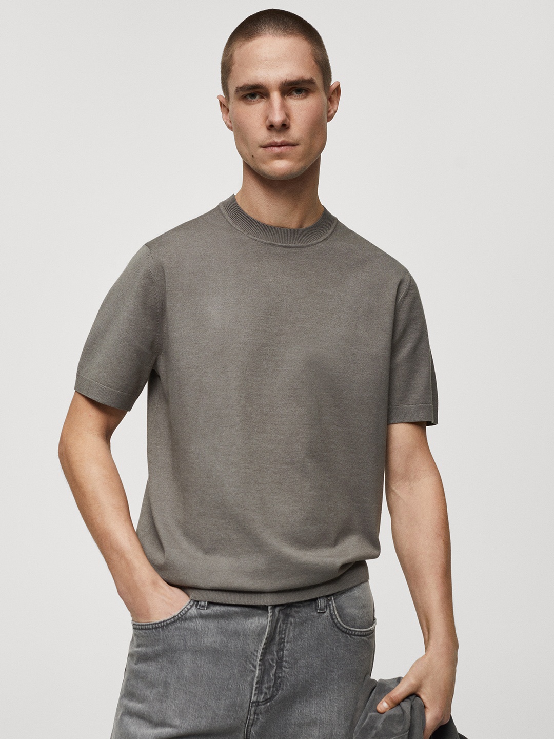 

MANGO MAN Ribbed Regular Fit T-shirt, Grey