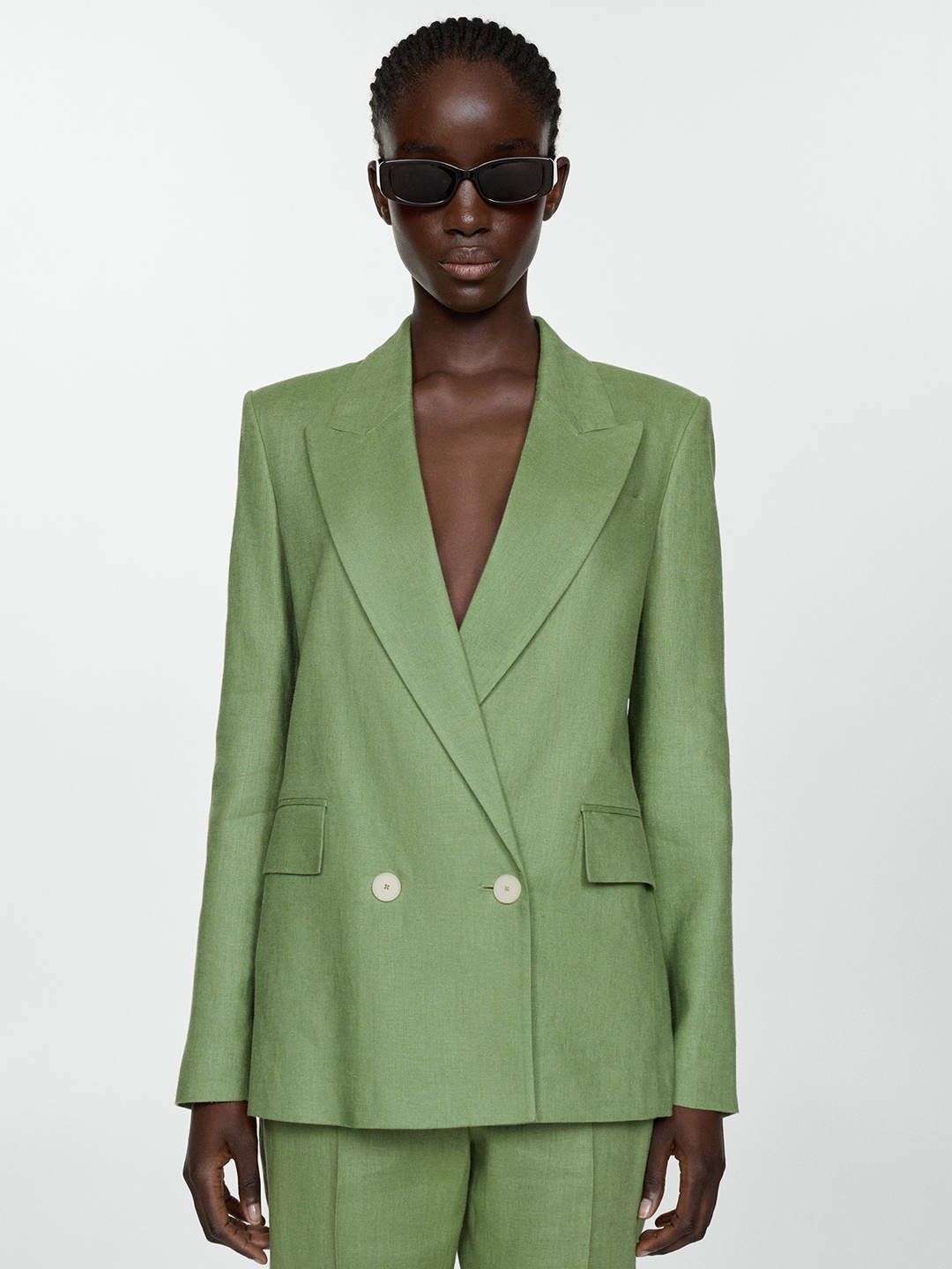 

MANGO Pure Linen Double-Breasted Longline Blazer, Green