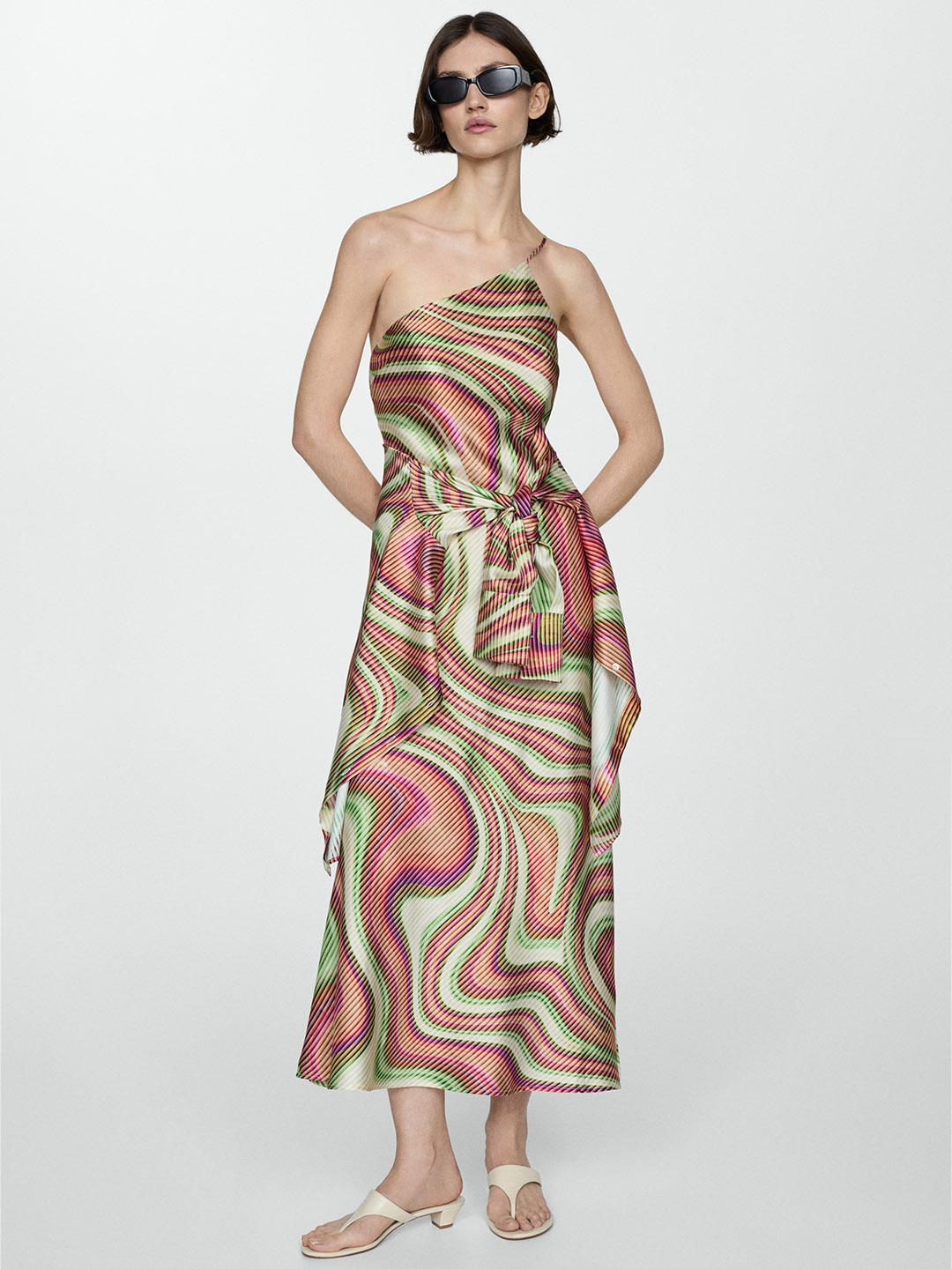 

MANGO Marble Print One-Shoulder Satin A-Line Midi Dress, Green