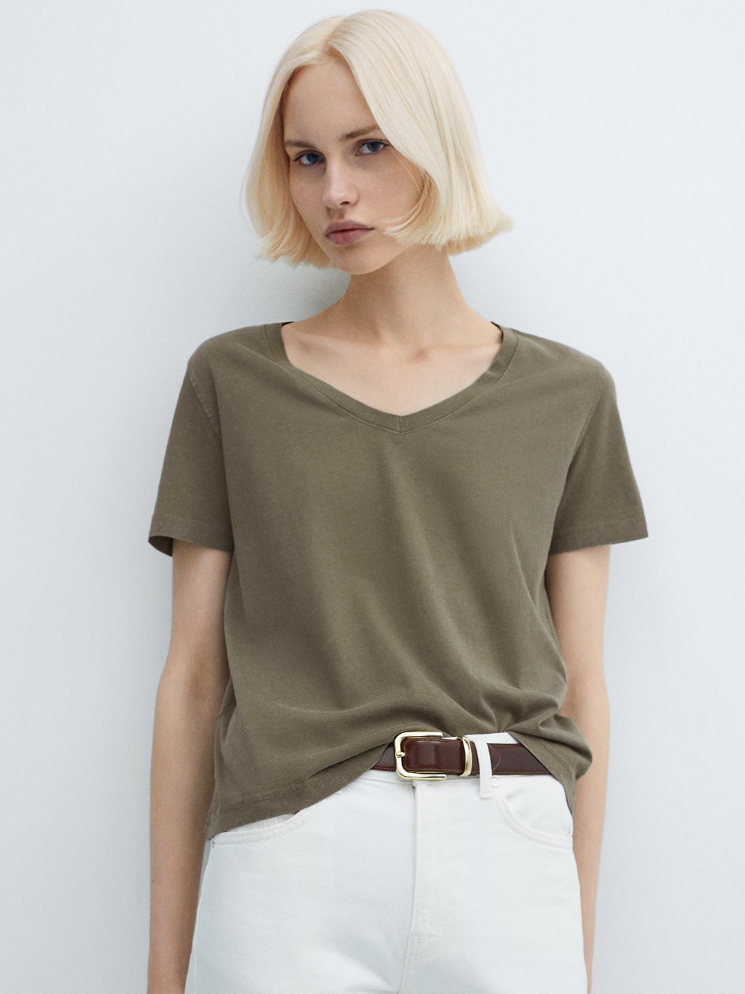 

MANGO V-Neck Pure Cotton T-shirt, Olive