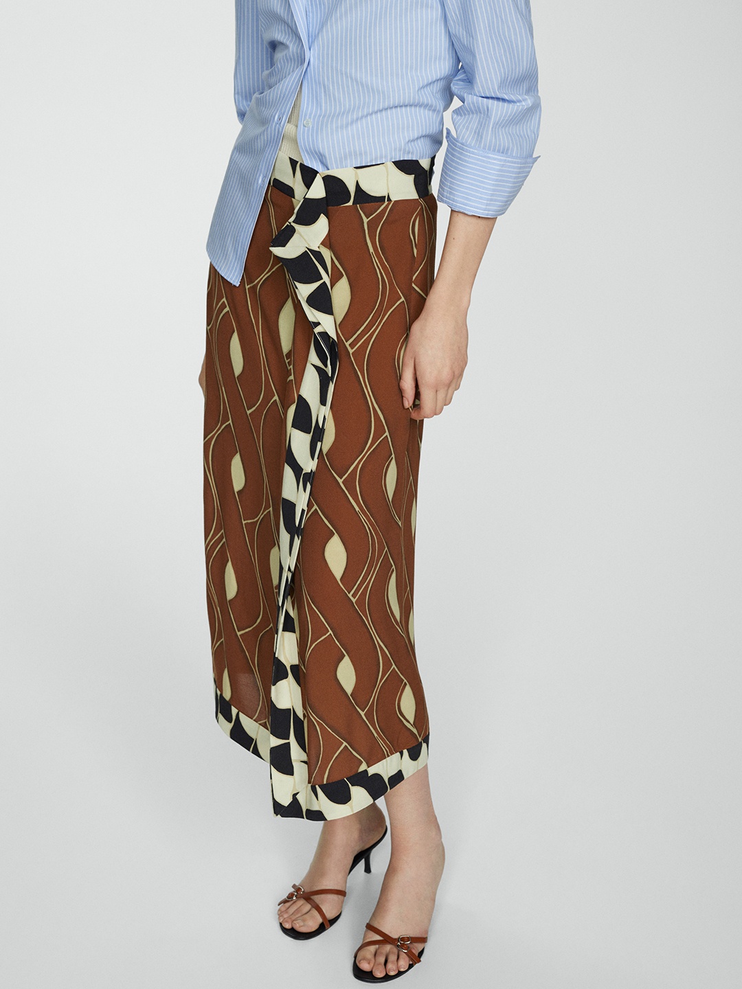 

MANGO Printed Midi Wrap Style Skirt, Brown
