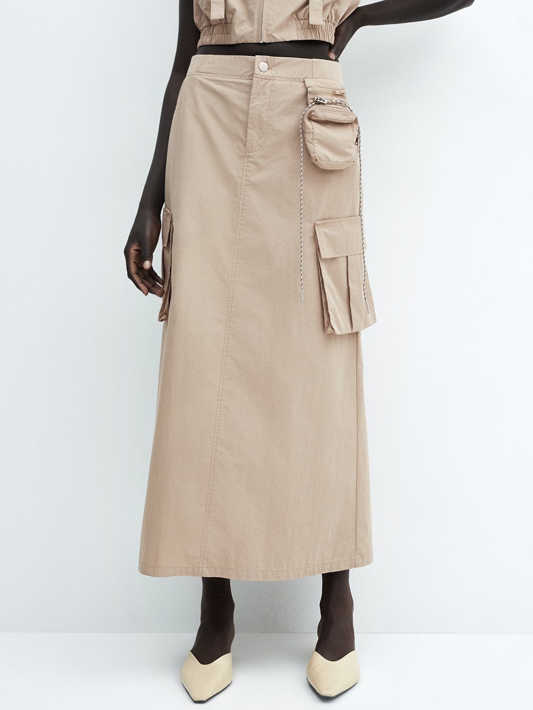 

MANGO Women Maxi Straight Skirt with Cargo Pockets, Beige