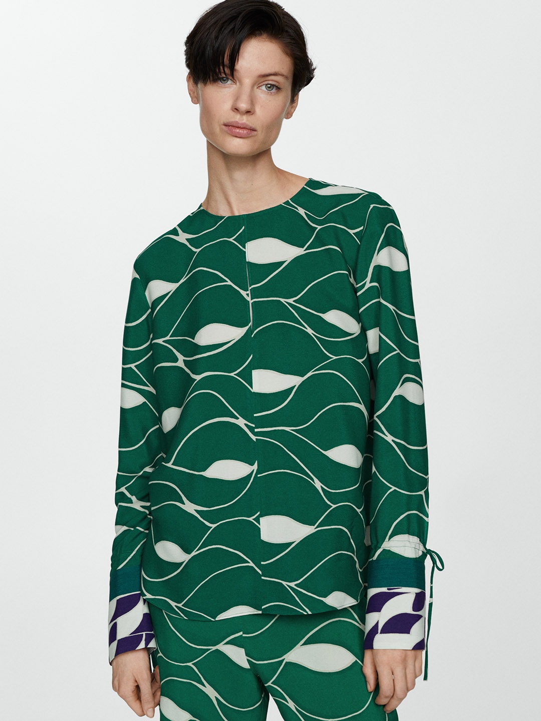 

MANGO Printed Cut-Out Slit Sleeves Top, Green