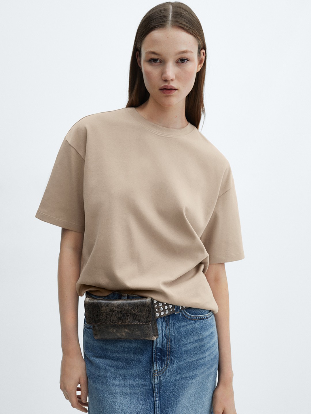 

MANGO Women Drop-Shoulder Sleeves Pure Cotton Oversized T-shirt, Beige