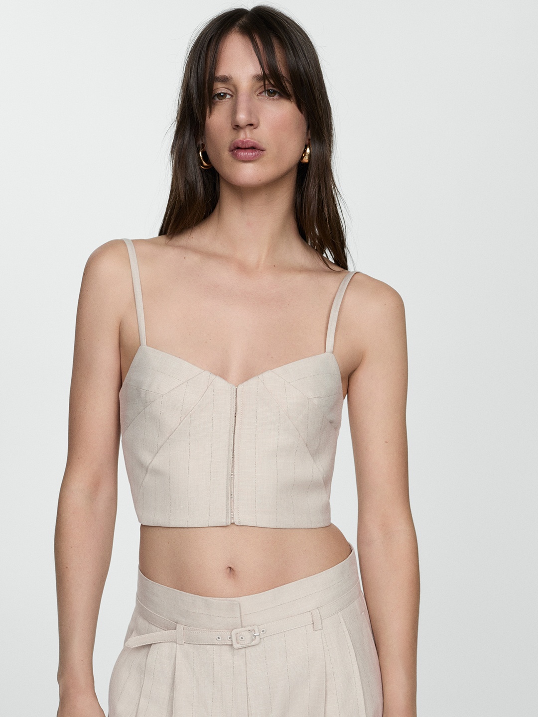 

MANGO Striped Shoulder Straps Crop Top, Beige