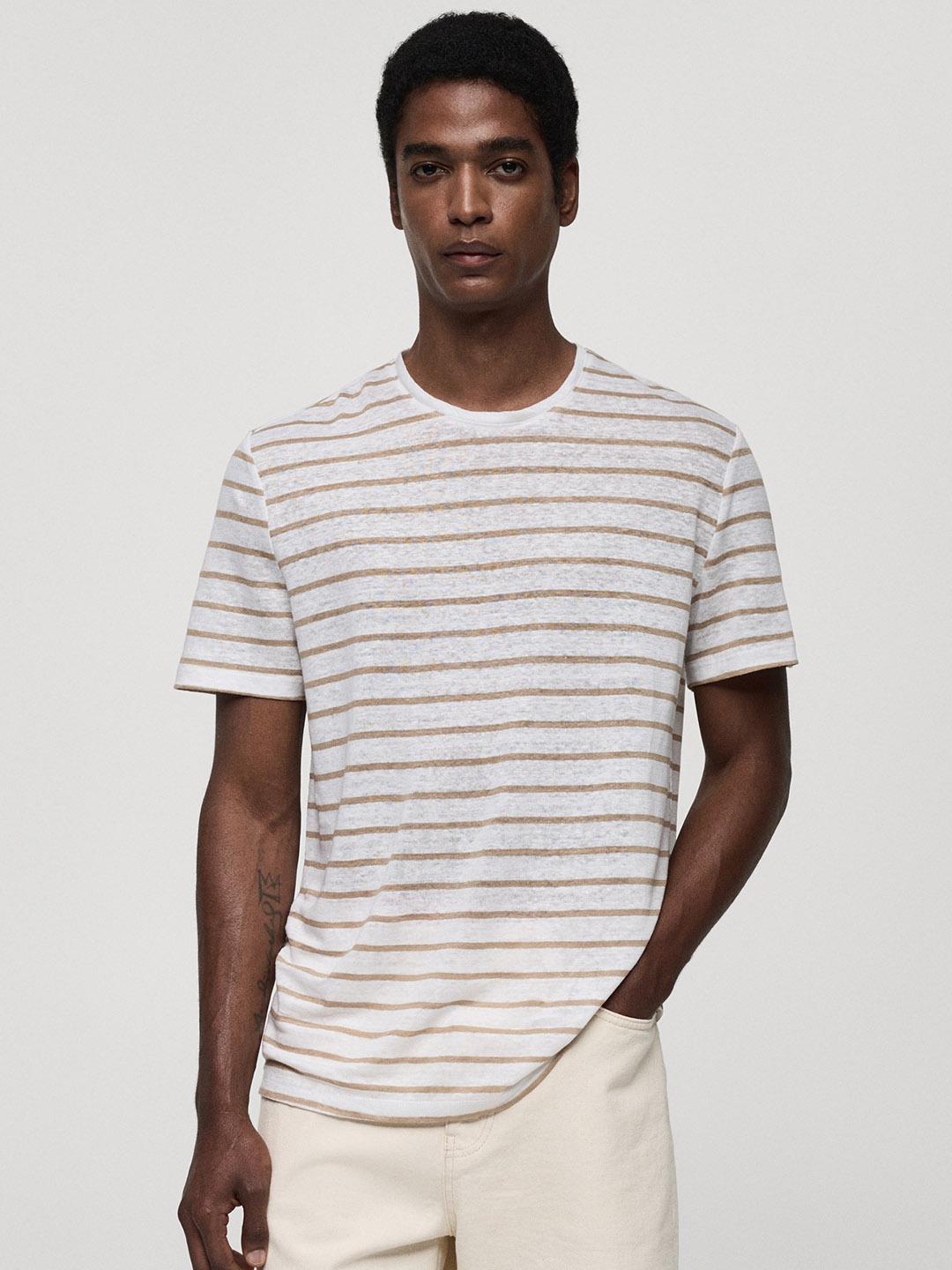 

MANGO MAN Striped Linen T-shirt, Off white