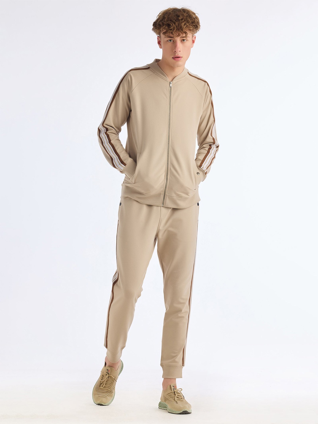 

Red Flame Stand Collar Sweatshirt With Joggers Co-Ords, Beige