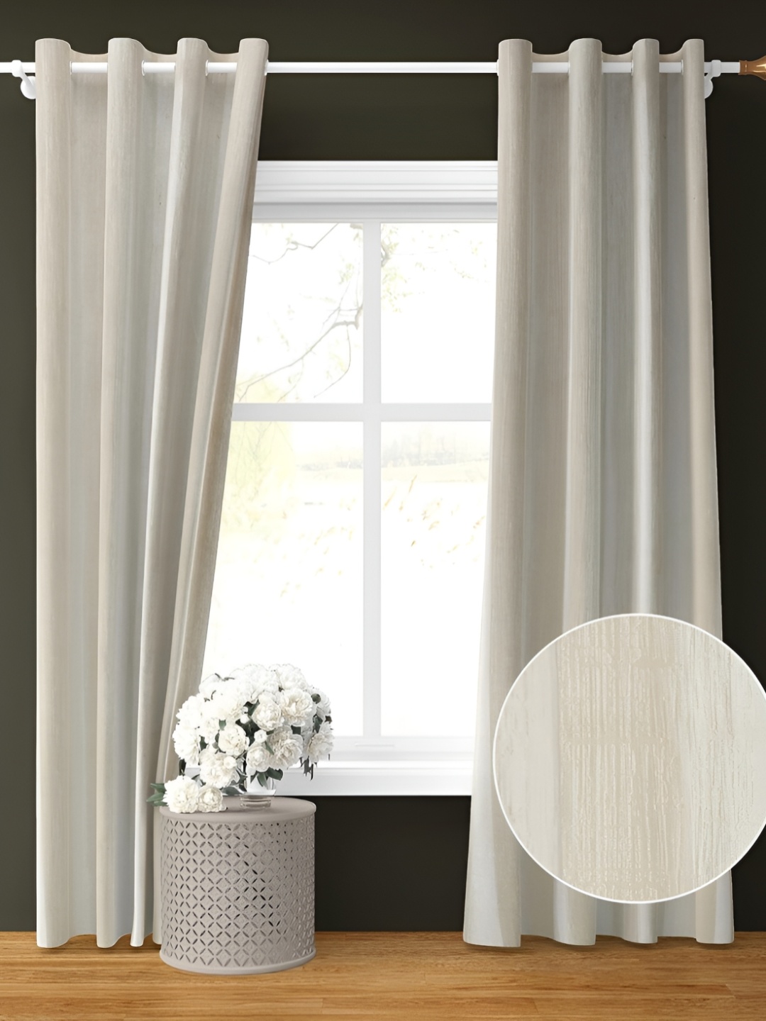 

RIDHAAN Cream-Coloured Textured Room Darkening Window Curtain