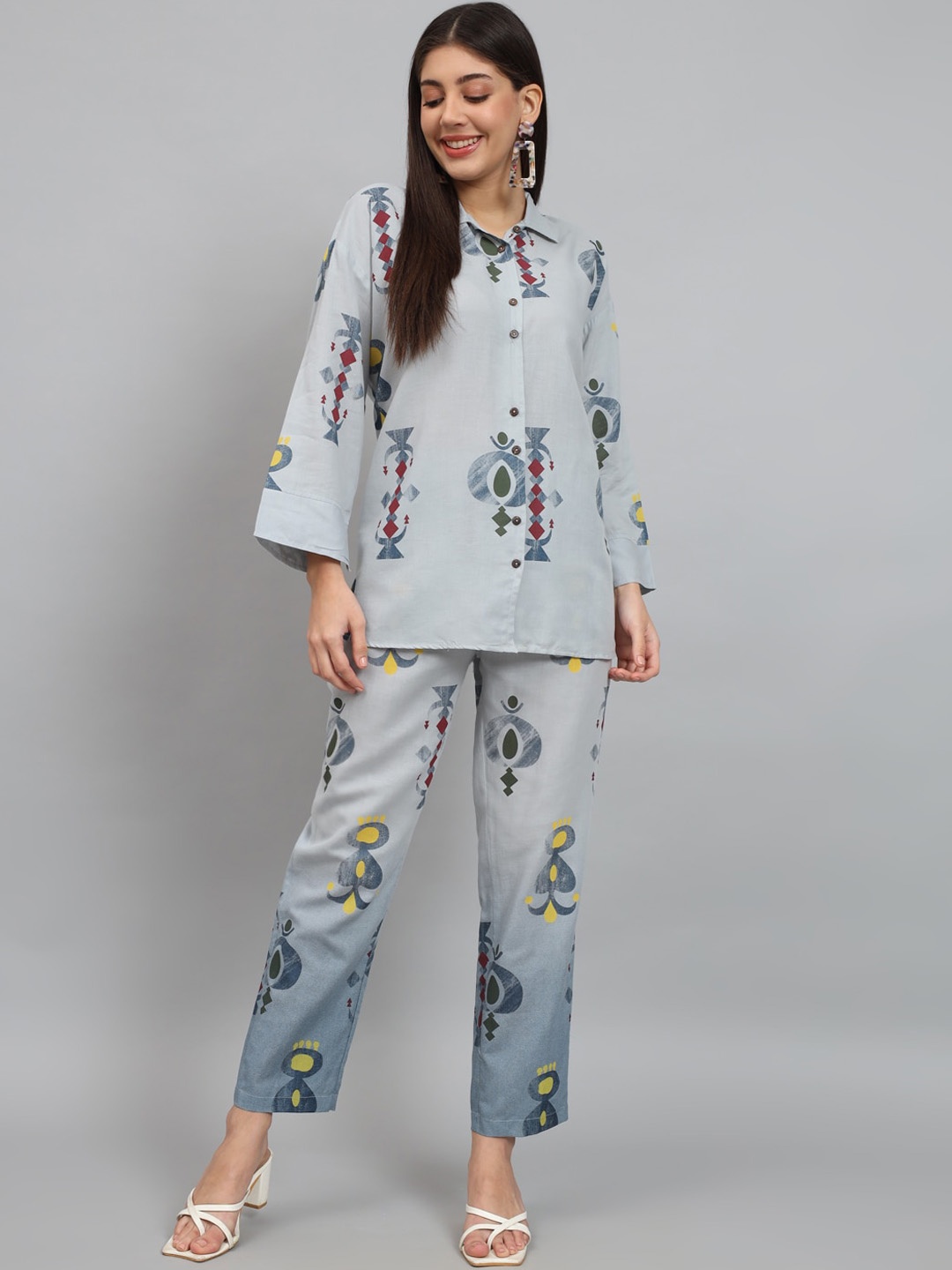 

NEWD Printed Pure Cotton Shirt With Trousers, Blue