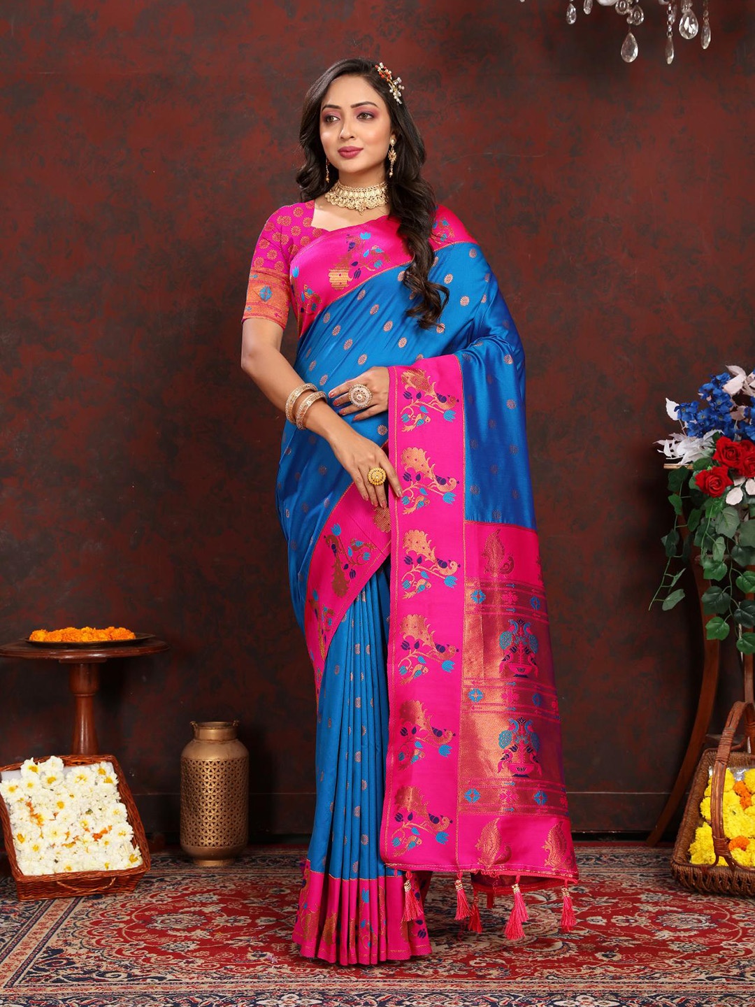 

PATIALAPICKS Woven Design Zari Pure Silk Heavy Work Paithani Saree, Blue