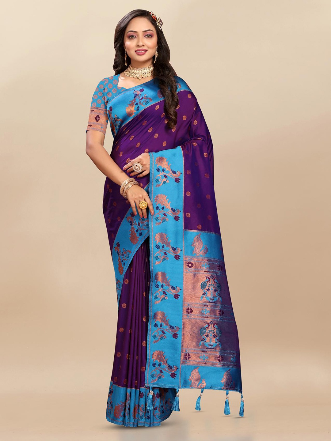 

PATIALAPICKS Ethnic Motifs Zari Pure Silk Heavy Work Paithani Saree, Purple