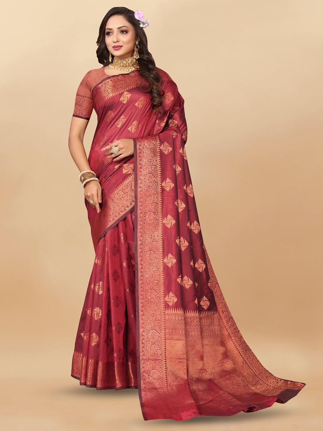 

PATIALAPICKS Ethnic Motifs Woven Design Zari Pure Silk Paithani Saree, Maroon